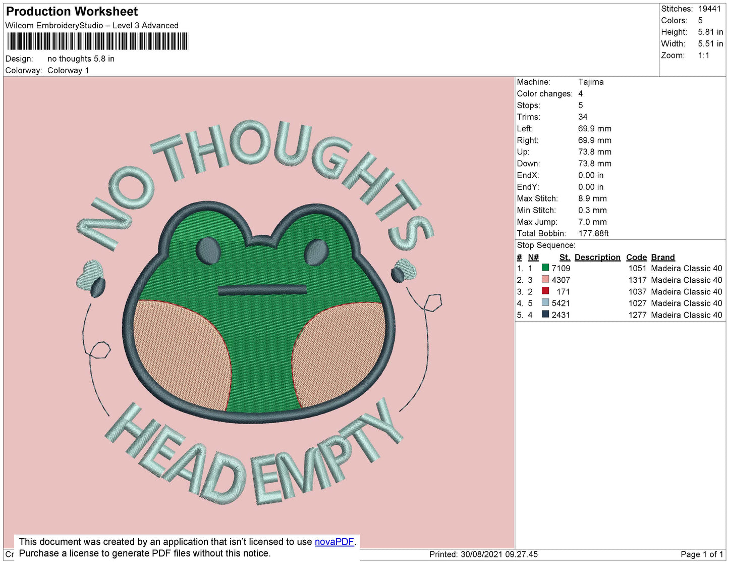 No Thoughts Embroidery File 4 size