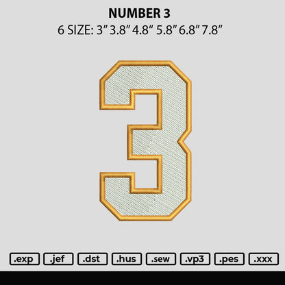Number 3 Embroidery File 6 sizes