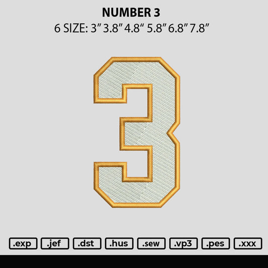 Number 3 Embroidery File 6 sizes