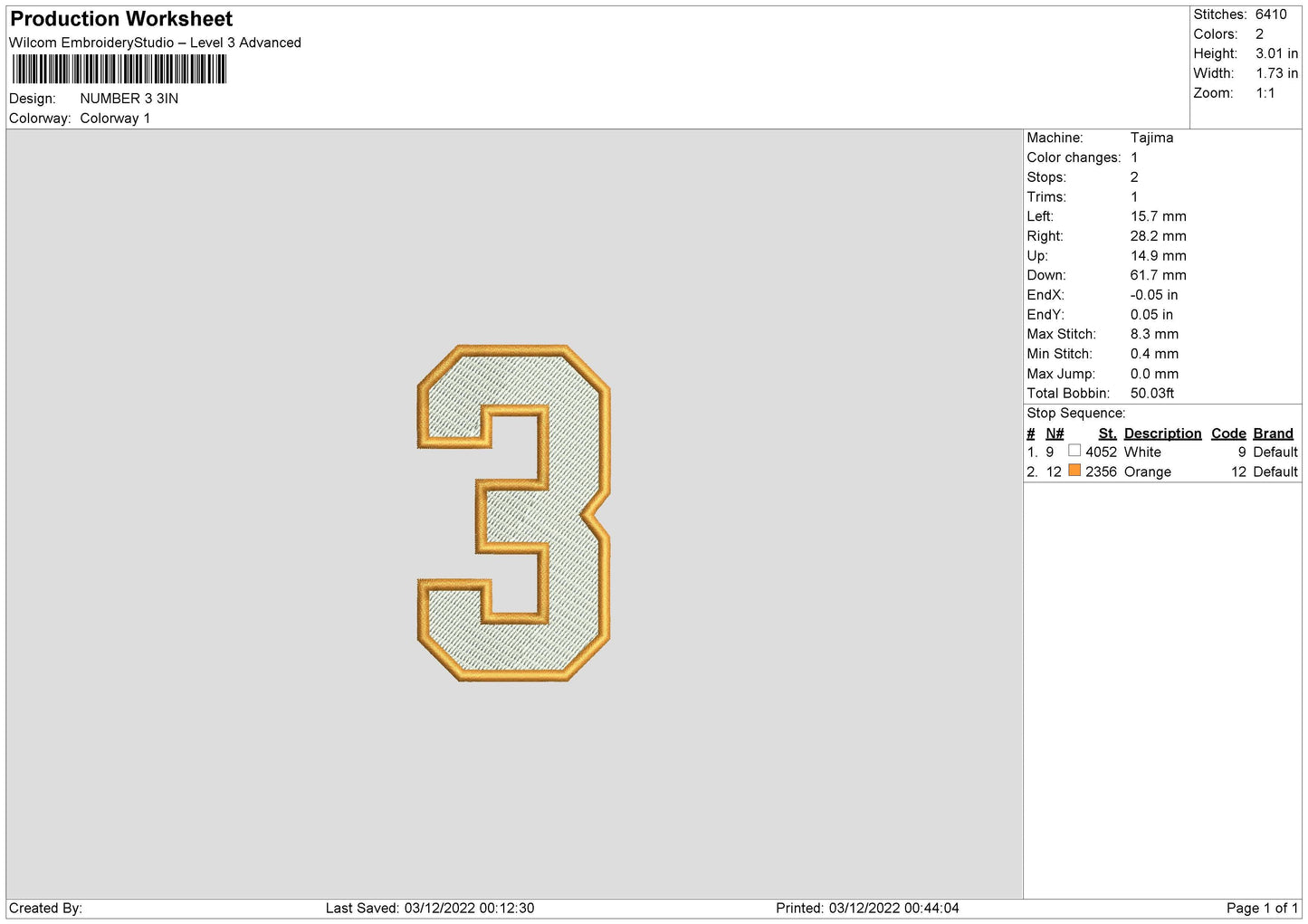 Number 3 Embroidery File 6 sizes