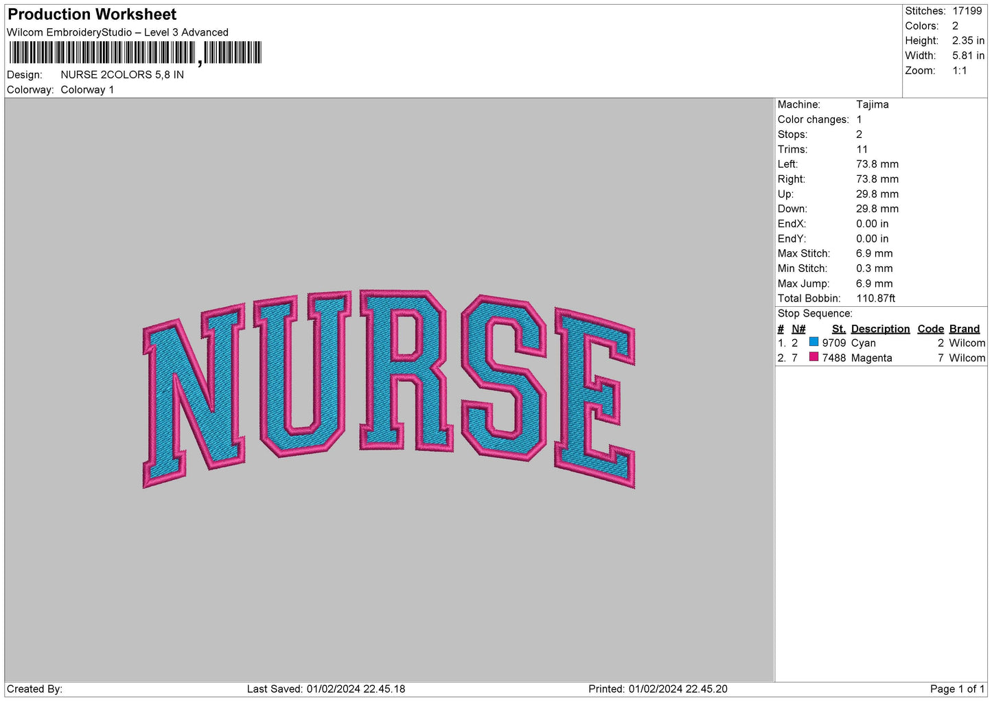 Nursetext 0102 Embroidery File 6 sizes