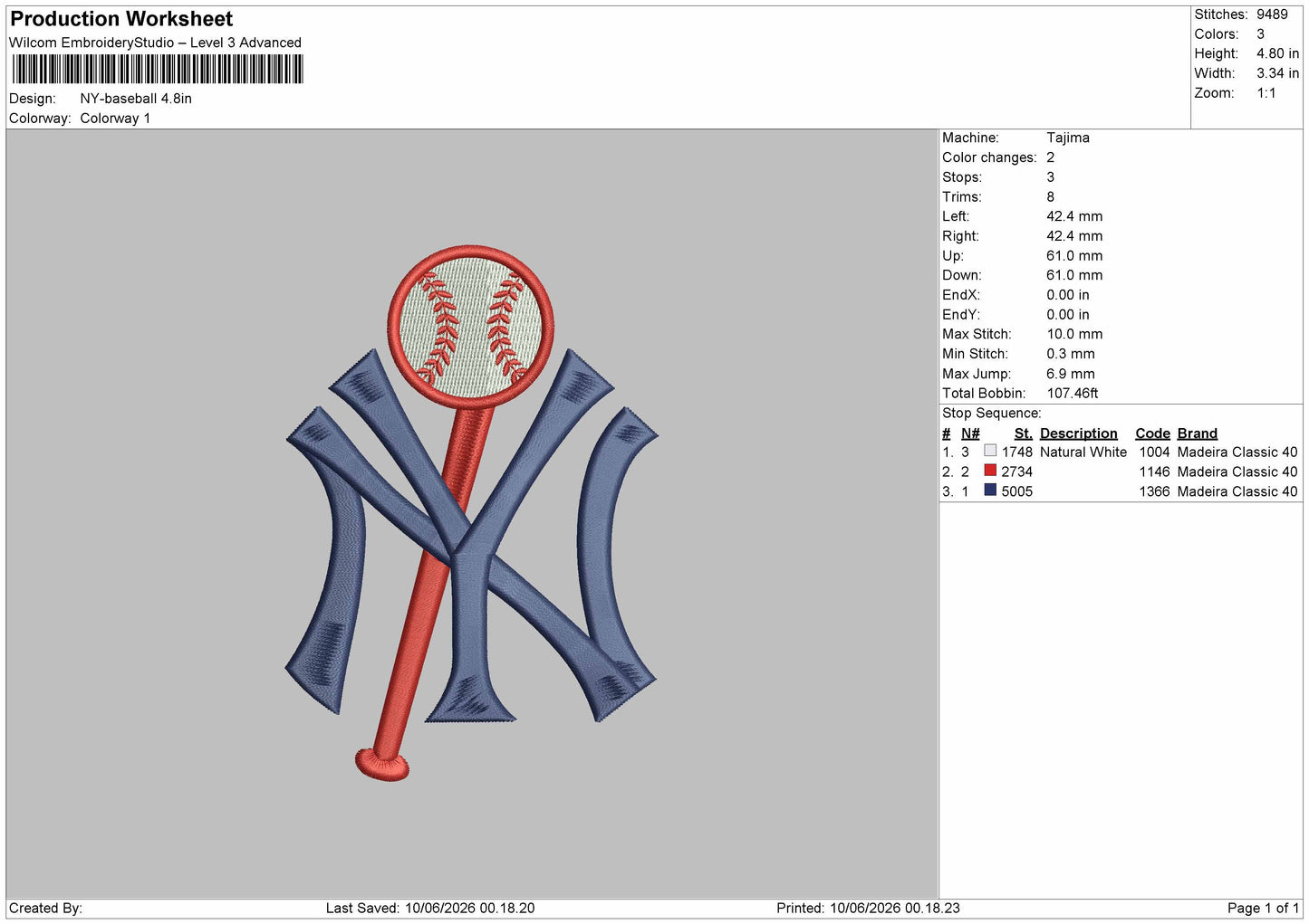 Ny Baseball 0906 Embroidery File 6 sizes