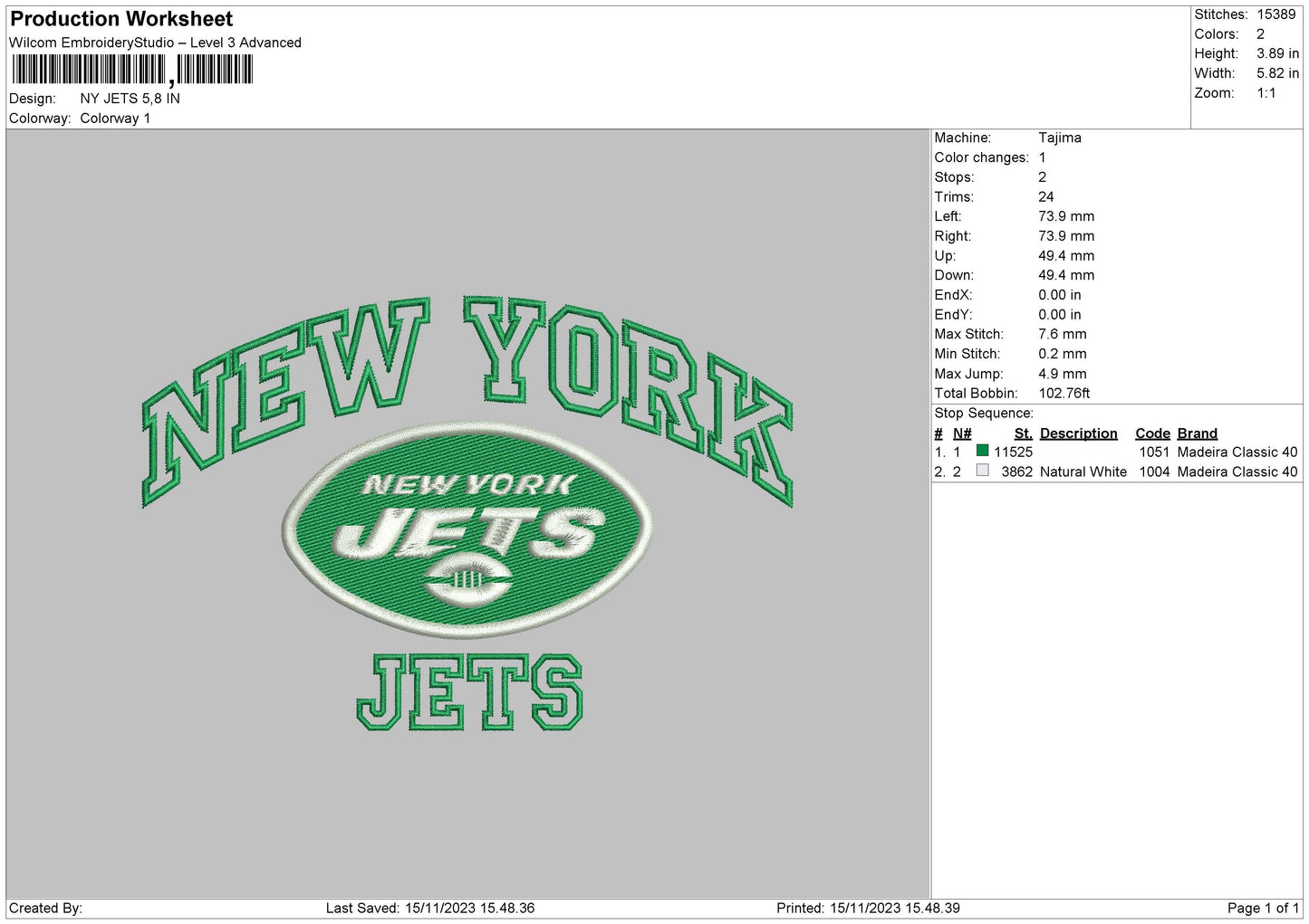 Ny Jets Embroidery File 6 sizes
