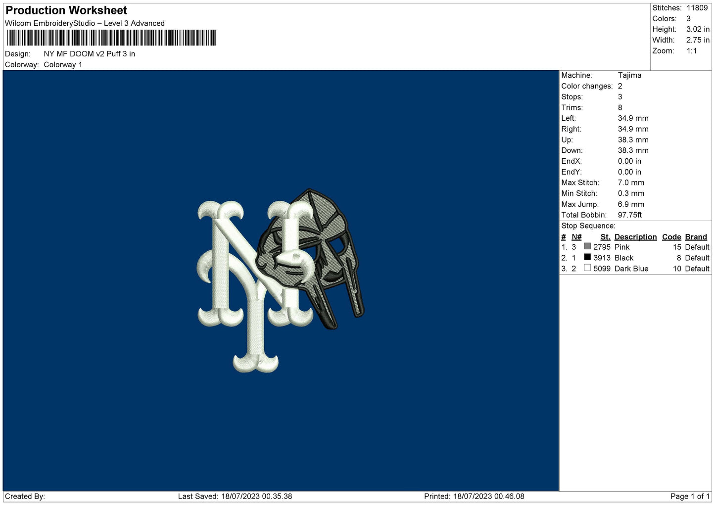 Ny Mf Doom V2 Puff Embroidery File 6 sizes
