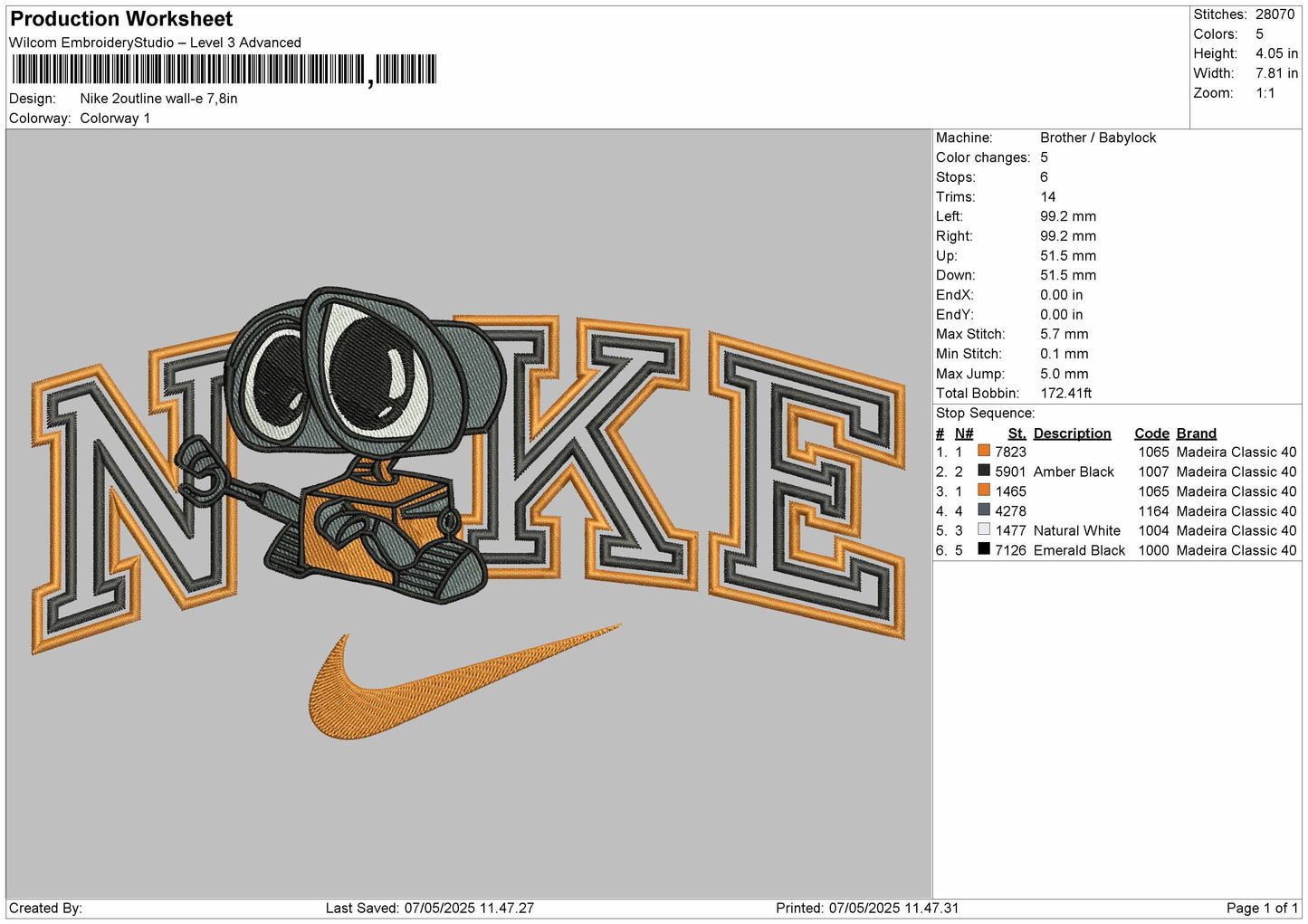 Nike 2outline Wall-E Embroidery File 6 Sizes