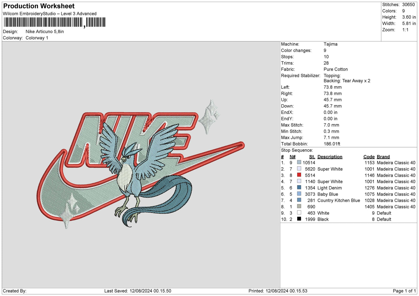 Nike Articuno Embroidery File 6 sizes