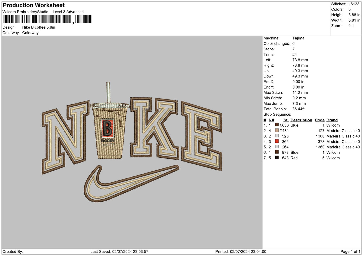 Nike B Coffee Embroidery File 6 sizes