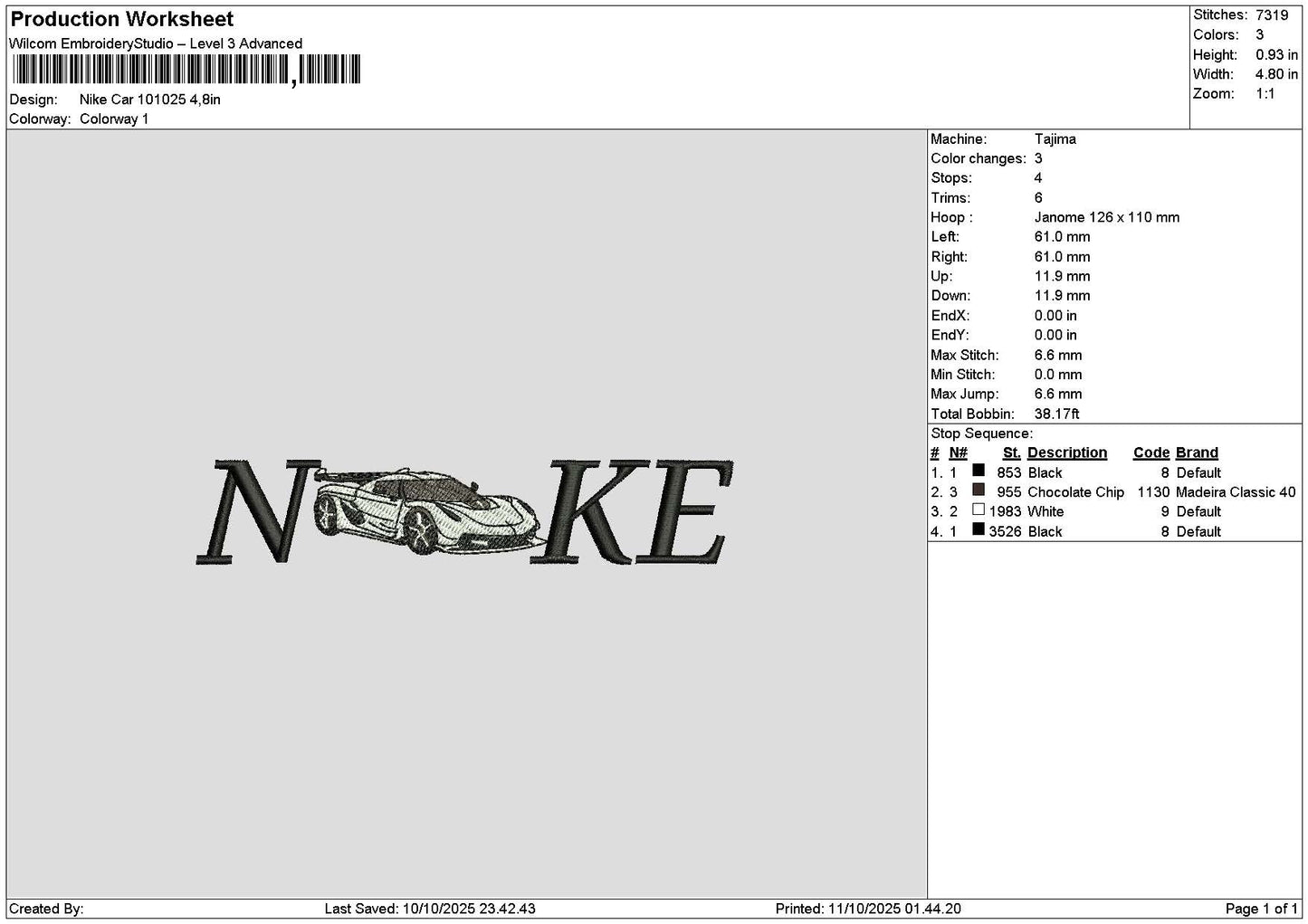 Nike White Car 1010 Embroidery File 6 sizes