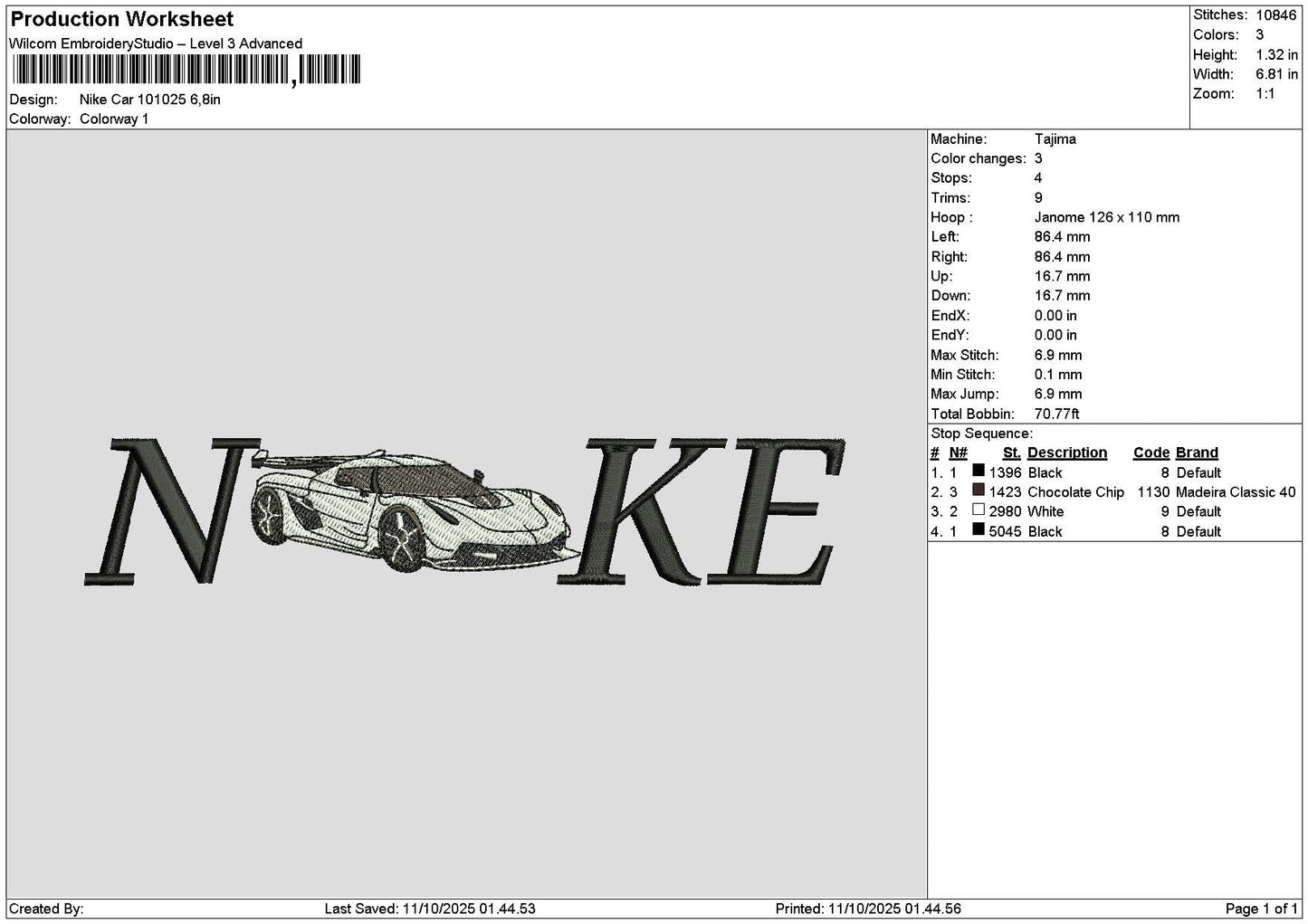 Nike White Car 1010 Embroidery File 6 sizes