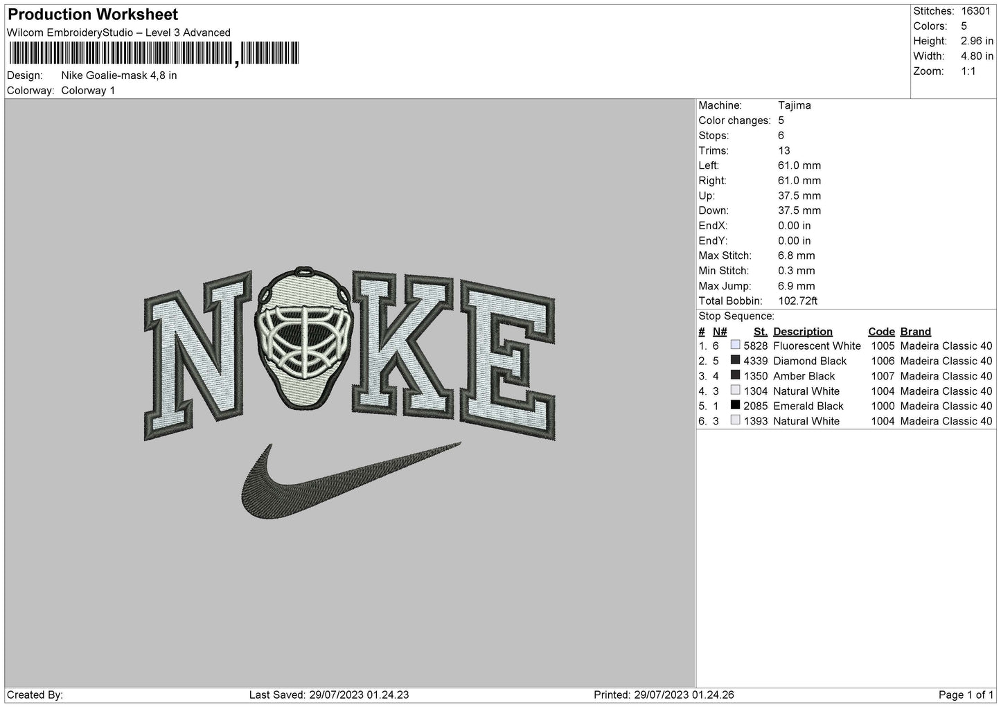 Nike Goalie Mask Embroidery File 6 sizes