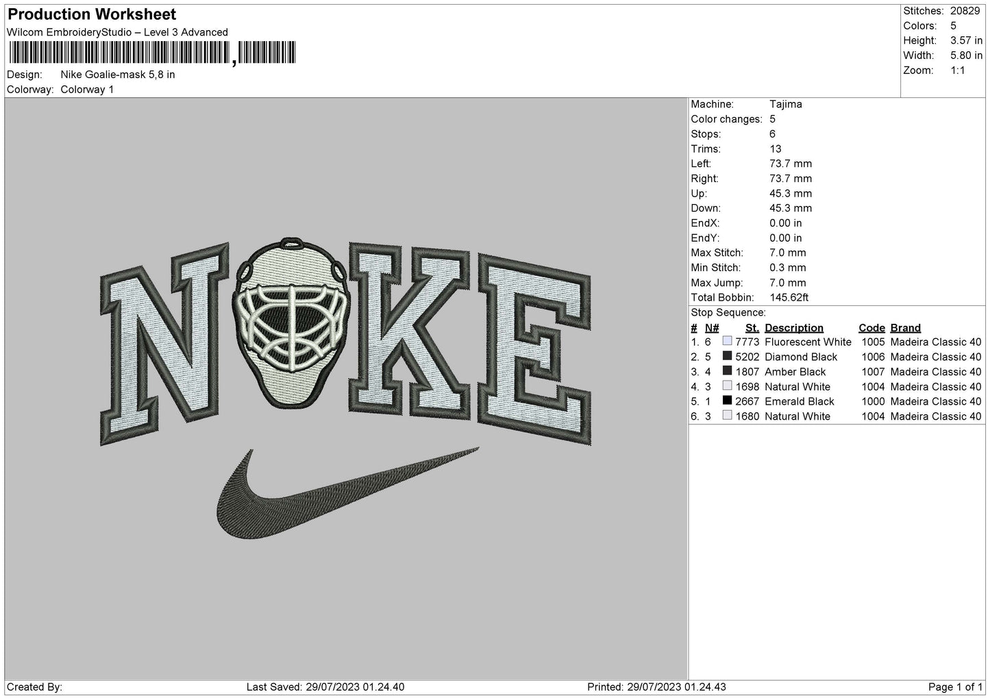 Nike Goalie Mask Embroidery File 6 sizes