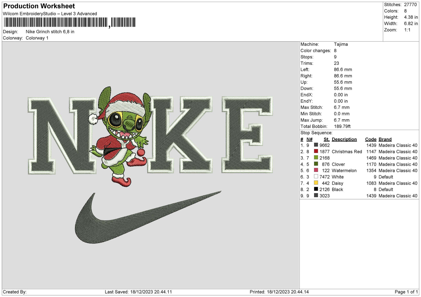 Nike Grinch Stitch Embroidery File 6 sizes