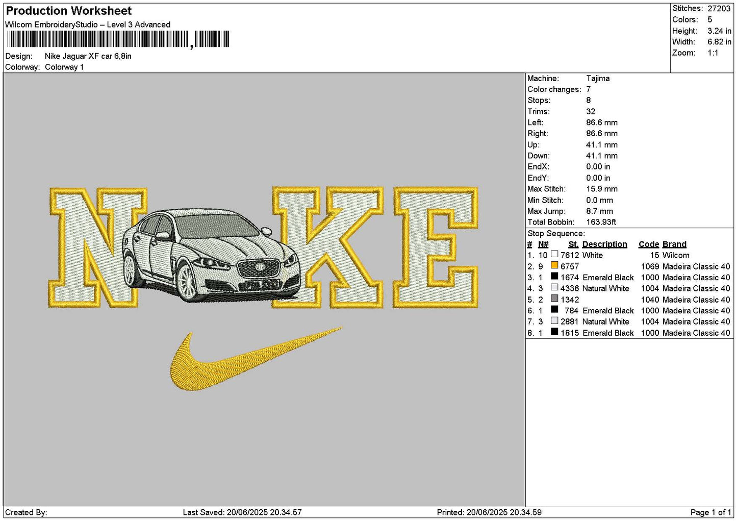 Nike White Car 1906 Embroidery File 6 sizes
