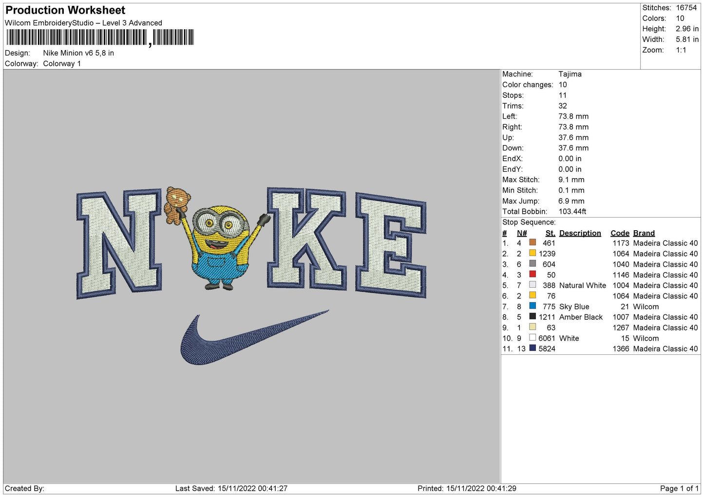Nike Minion V6 Embroidery File 6 sizes