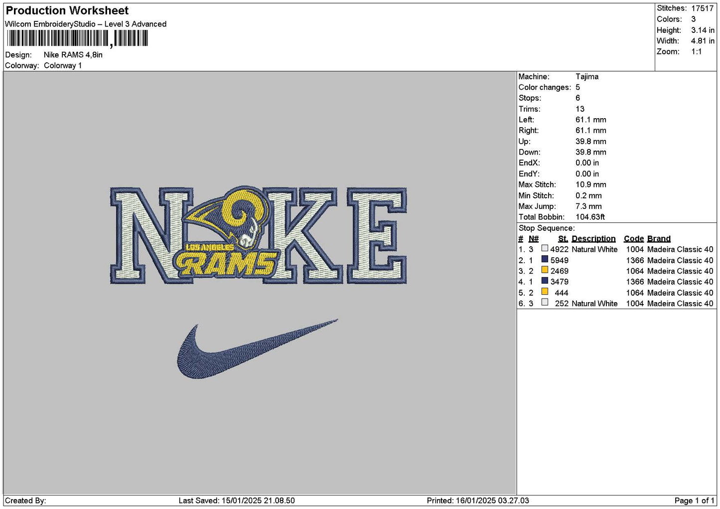 Nike Rams Embroidery File 6 sizes
