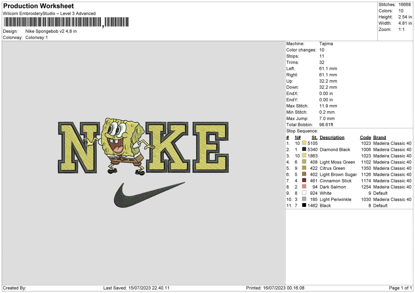 Nike Spongebob V2 Embroidery File 6 sizes