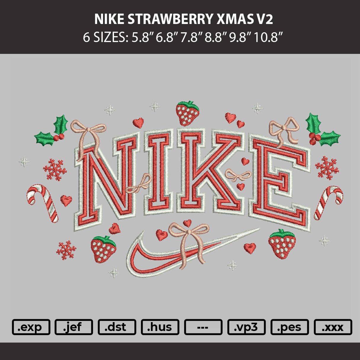 Nike Strawberry Xmas V2 Embroidery Machine Design File 6 sizes