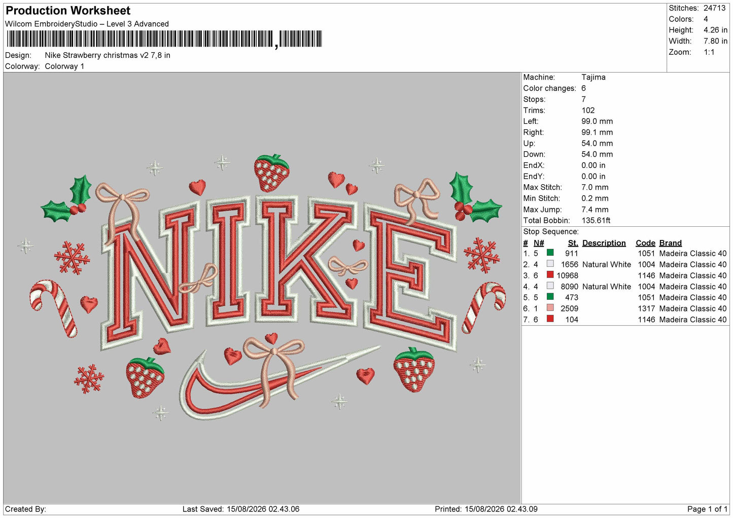 Nike Strawberry Xmas V2 Embroidery Machine Design File 6 sizes