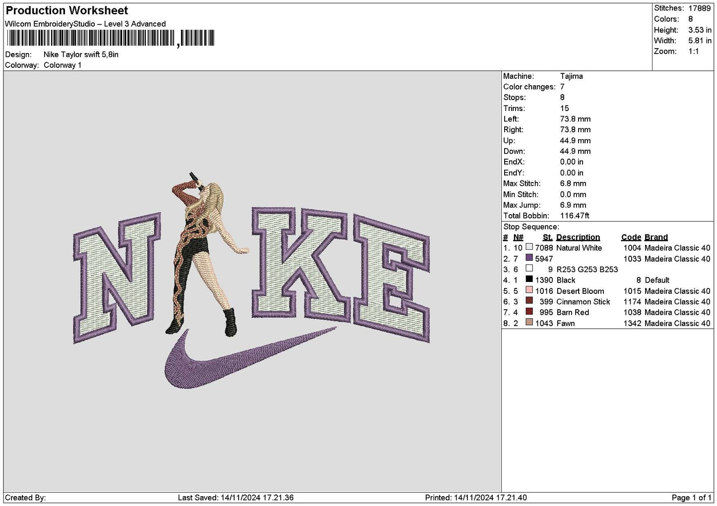 Nike taylor 1411 Embroidery File 6 sizes