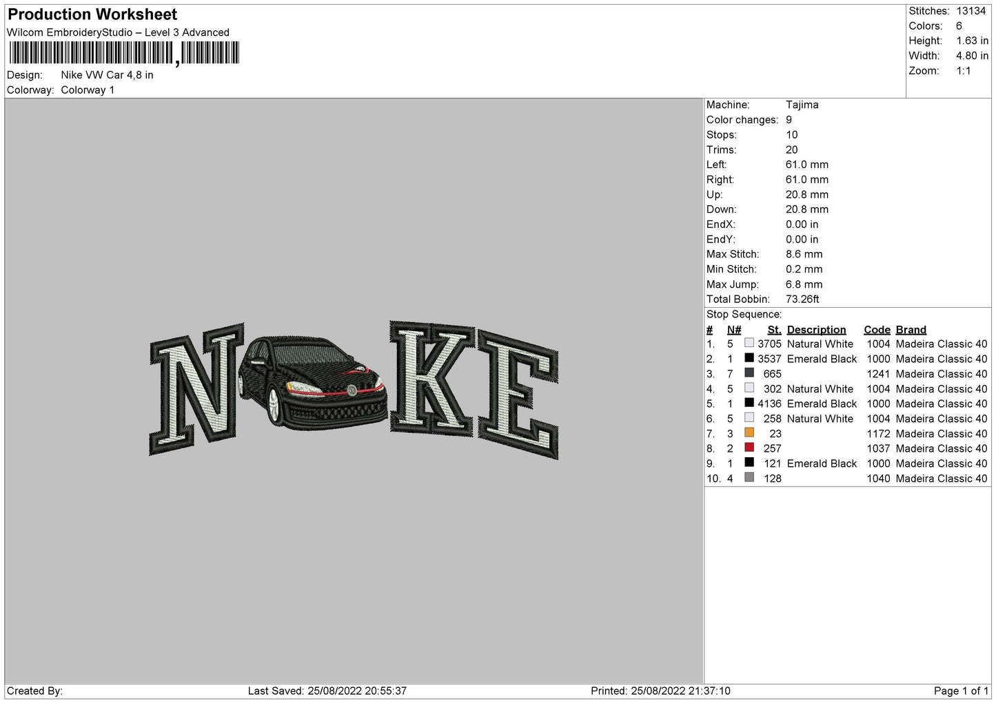 Nike Vw Car Embroidery File 5 sizes
