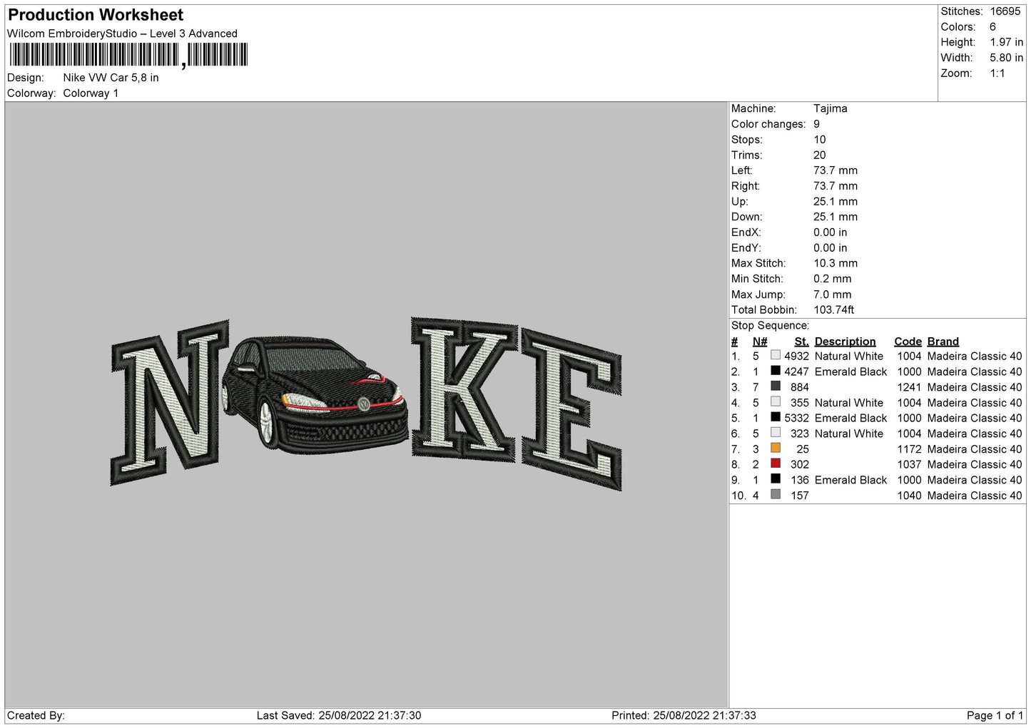 Nike Vw Car Embroidery File 5 sizes