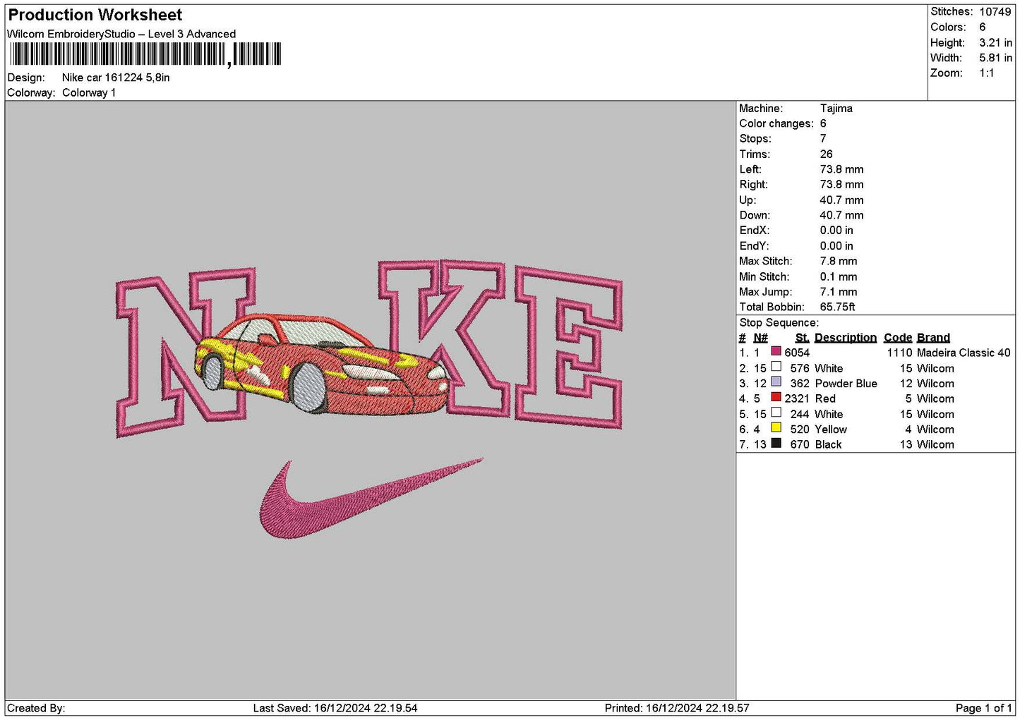 Nike Car 1612 Embroidery File 6 sizes