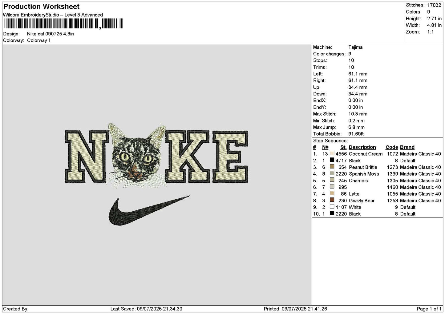 Nike Cat 0907 Embroidery File 6 sizes