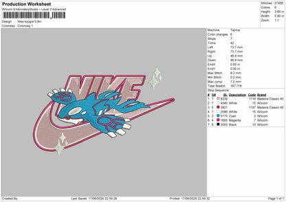 Nike Kyogre Embroidery Machine Design File 6 sizes