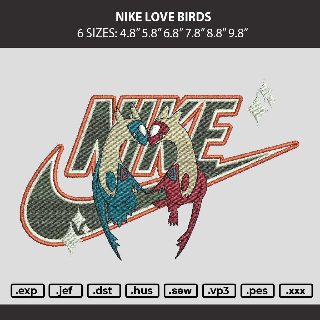 Nike Love Birds Embroidery Machine Design File 6 sizes