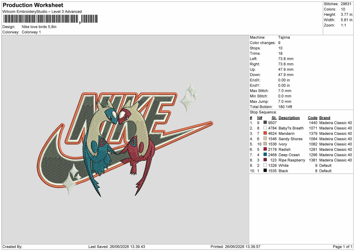Nike Love Birds Embroidery Machine Design File 6 sizes