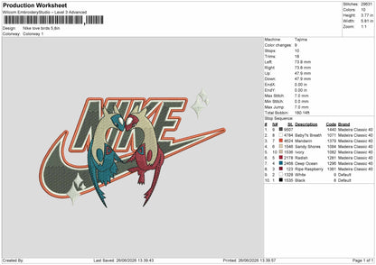 Nike Love Birds Embroidery Machine Design File 6 sizes