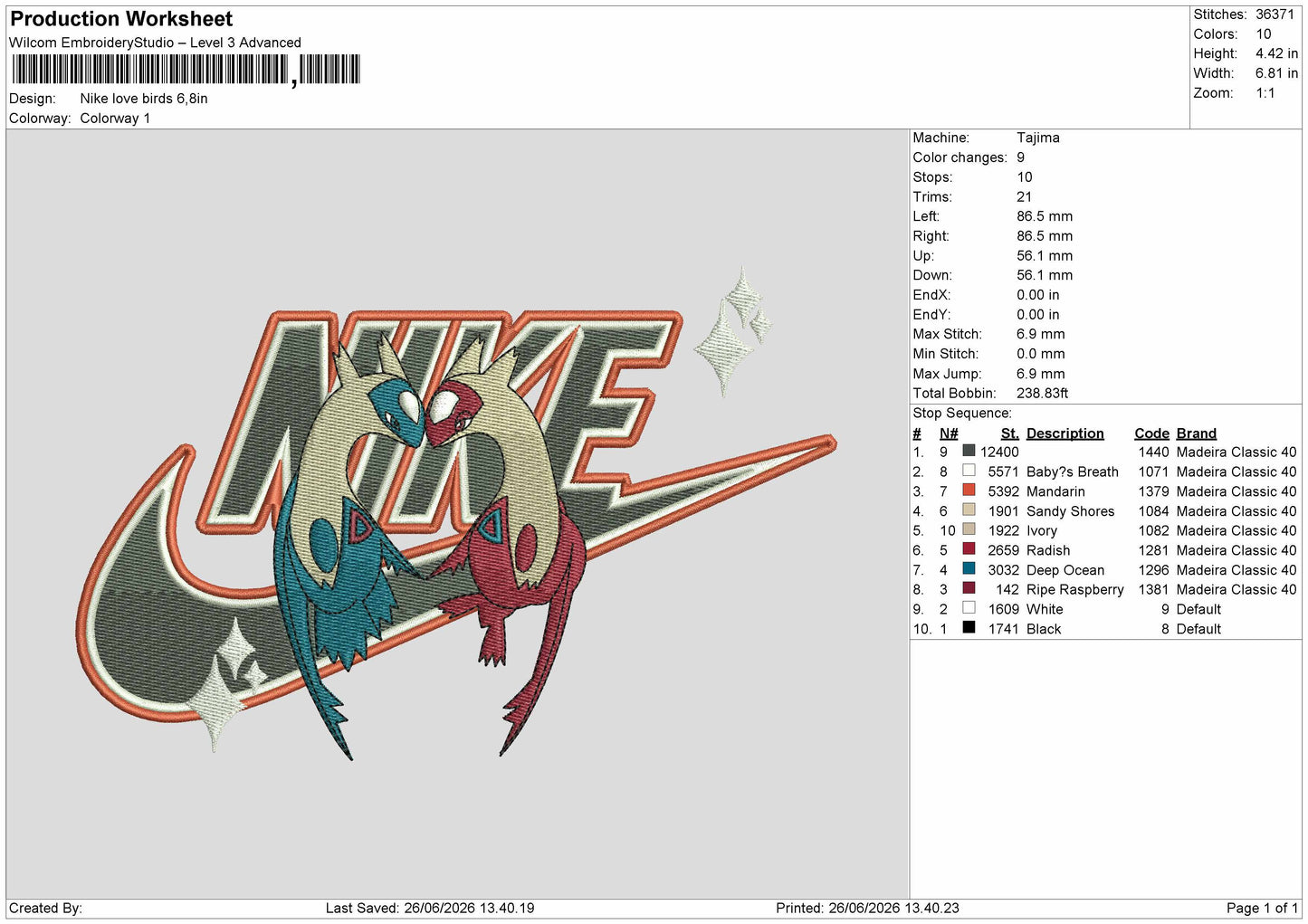 Nike Love Birds Embroidery Machine Design File 6 sizes