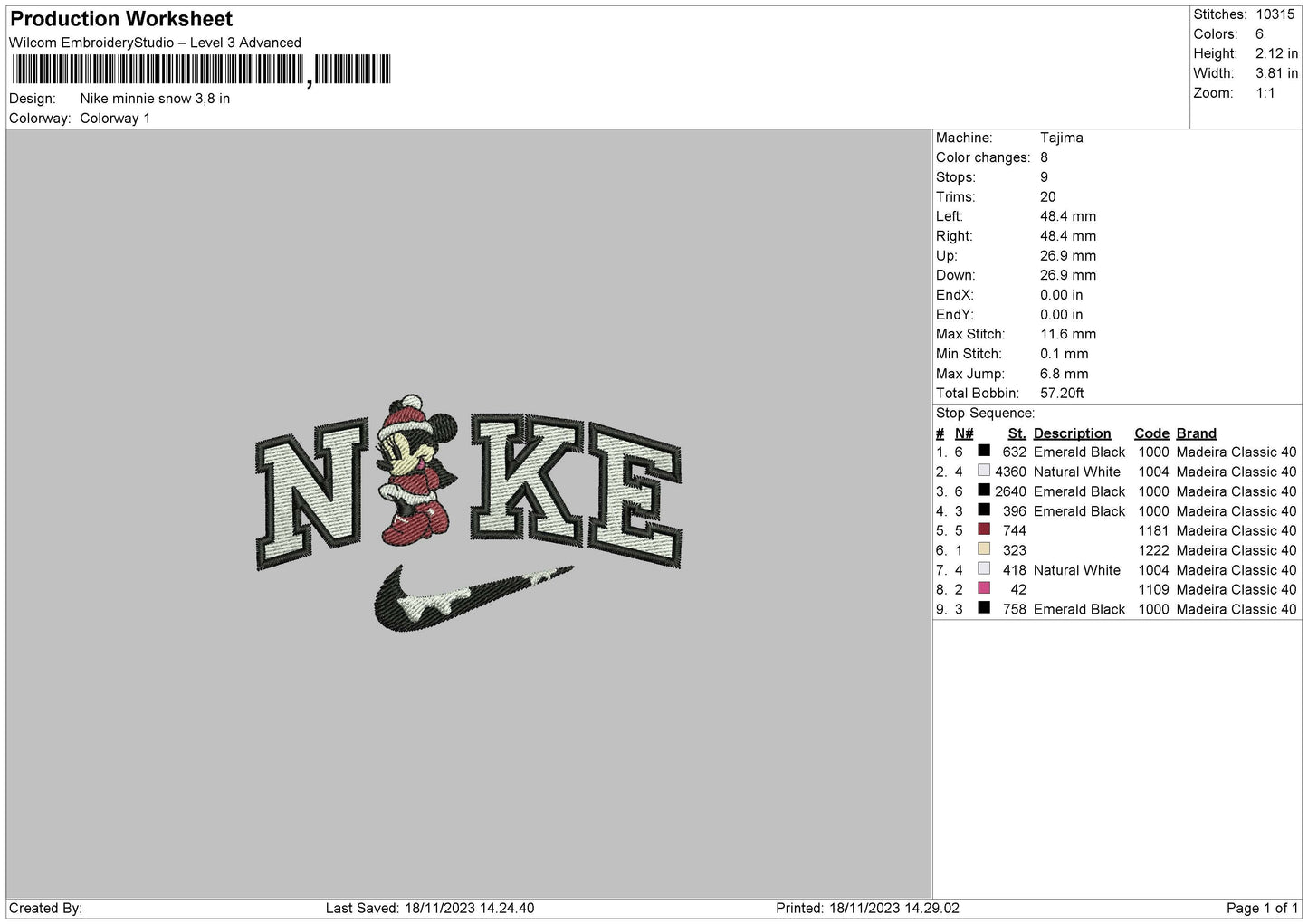 Nike Minnie Snow Embroidery File 6 sizes