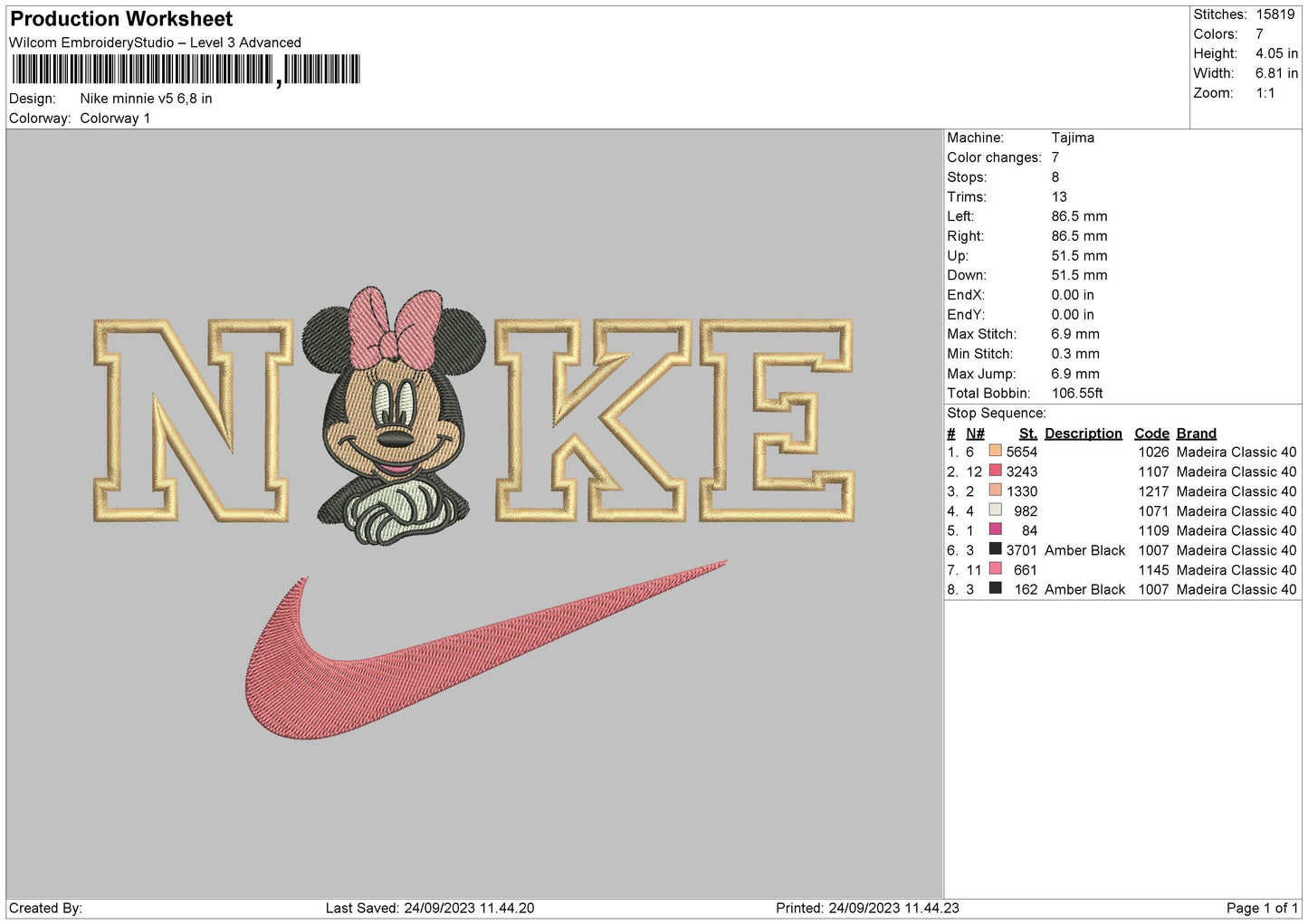 Nike Minnie V5 Embroidery File 6 sizes