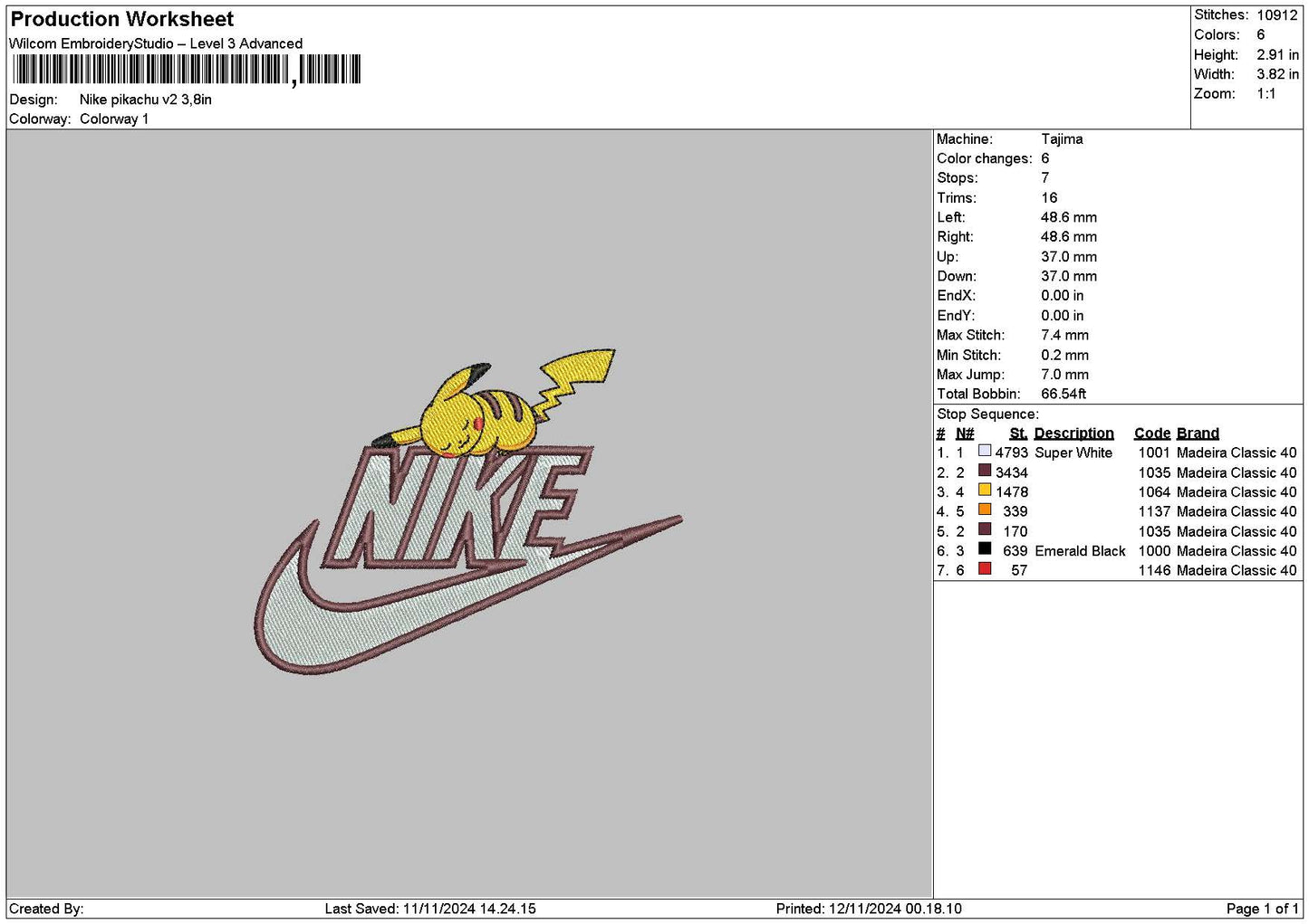 Nike Pikachu V3 Embroidery File 6 sizes