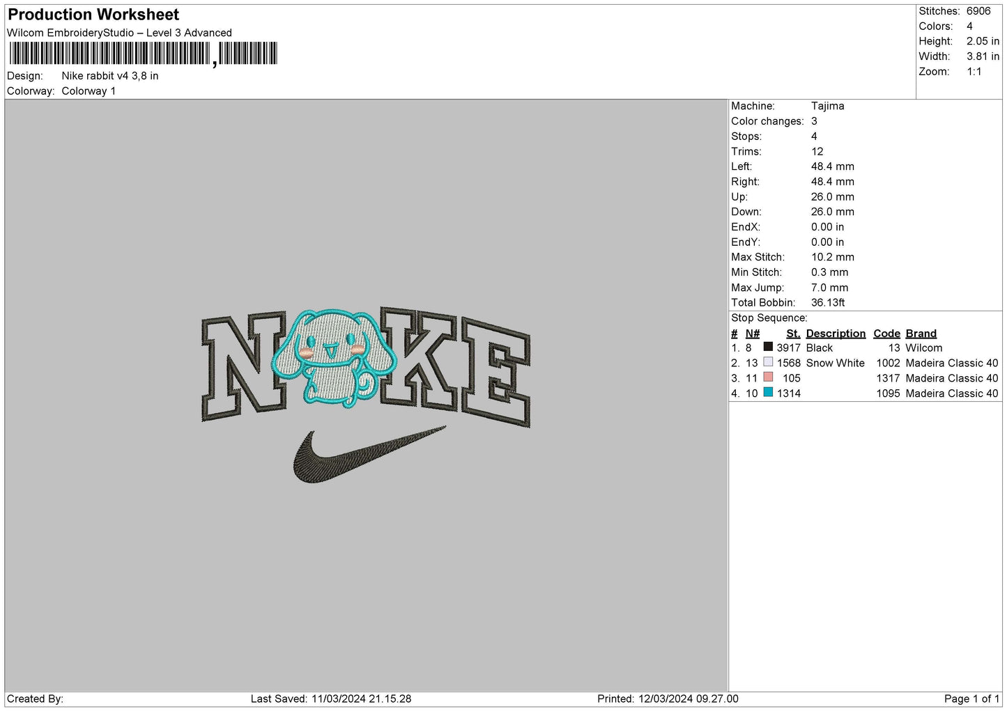 Nike Rabbit V4 Embroidery File 6 sizes