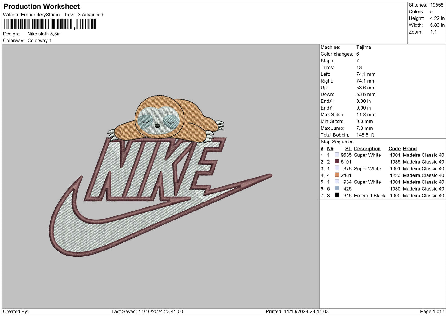 Nike Sloth Embroidery File 6 sizes
