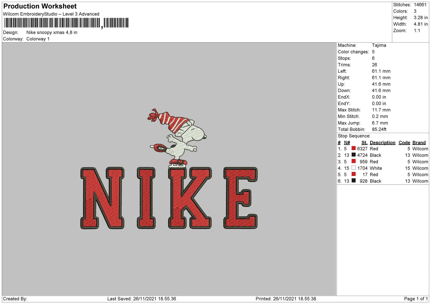 Nike Snoopy Xmas 002 Embroidery File 4 size