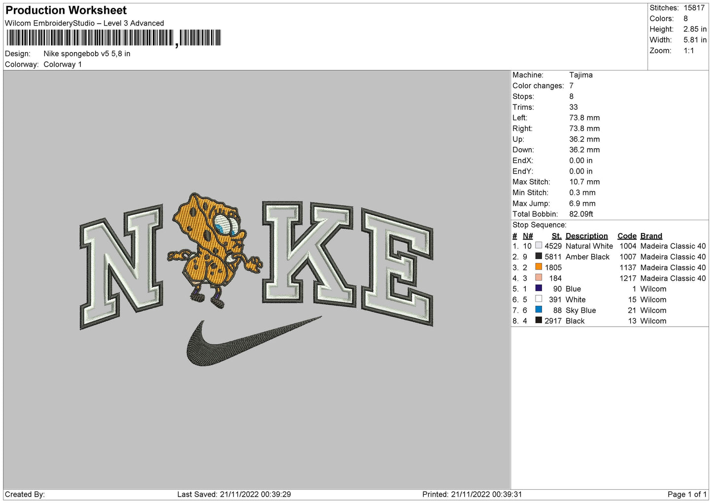 Nike Spongebob V5 Embroidery File 6 sizes