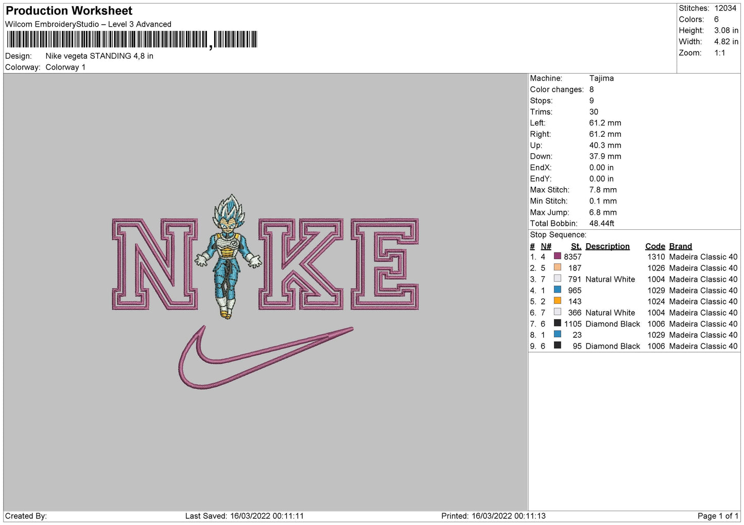 Nike Vegeta Standing Embroidery File 4 size