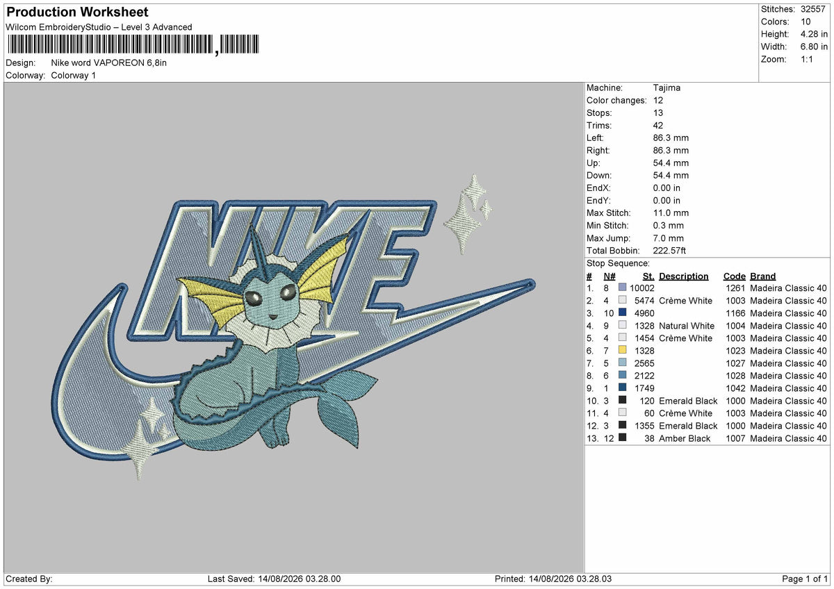 Nike Vaporeon Embroidery Machine Design File 6 sizes