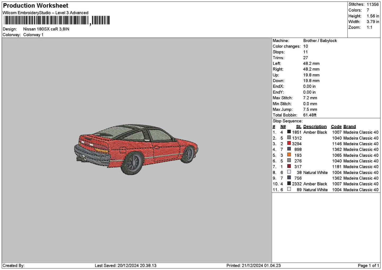 Red Car 2112 Embroidery File 6 sizes