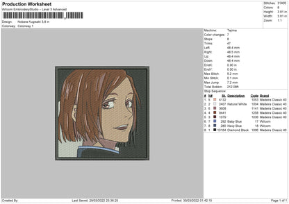 Nobara Kugisaki Embroidery File 4 size