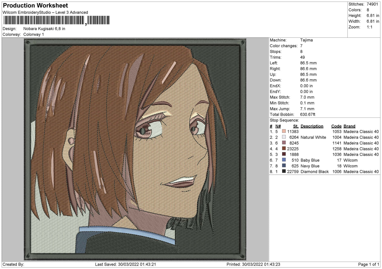 Nobara Kugisaki Embroidery File 4 size