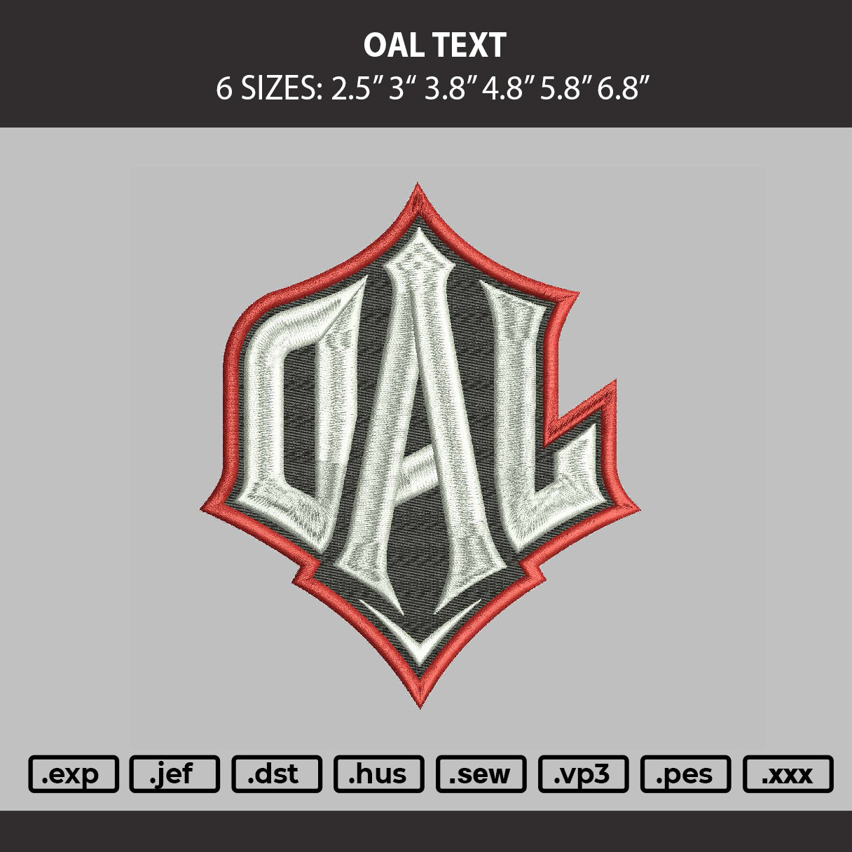 Oal Text Embroidery Machine Design File 6 sizes
