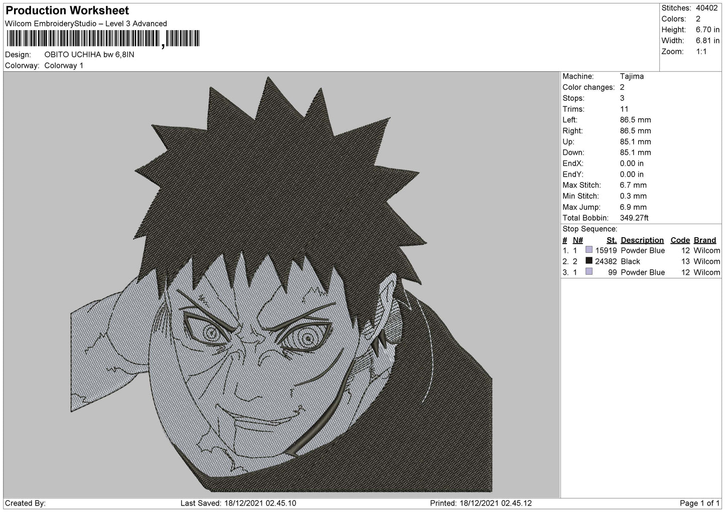 Obito Uchiha Embroidery File 4 size