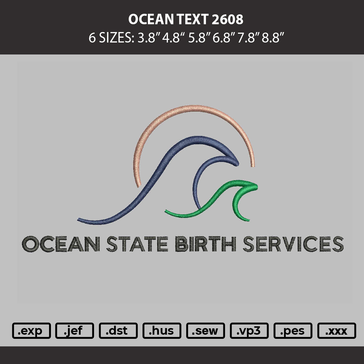 Ocean Text 2608 Embroidery Machine Design File 6 sizes