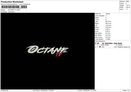 Octane Tv Embroidery File 5 sizes