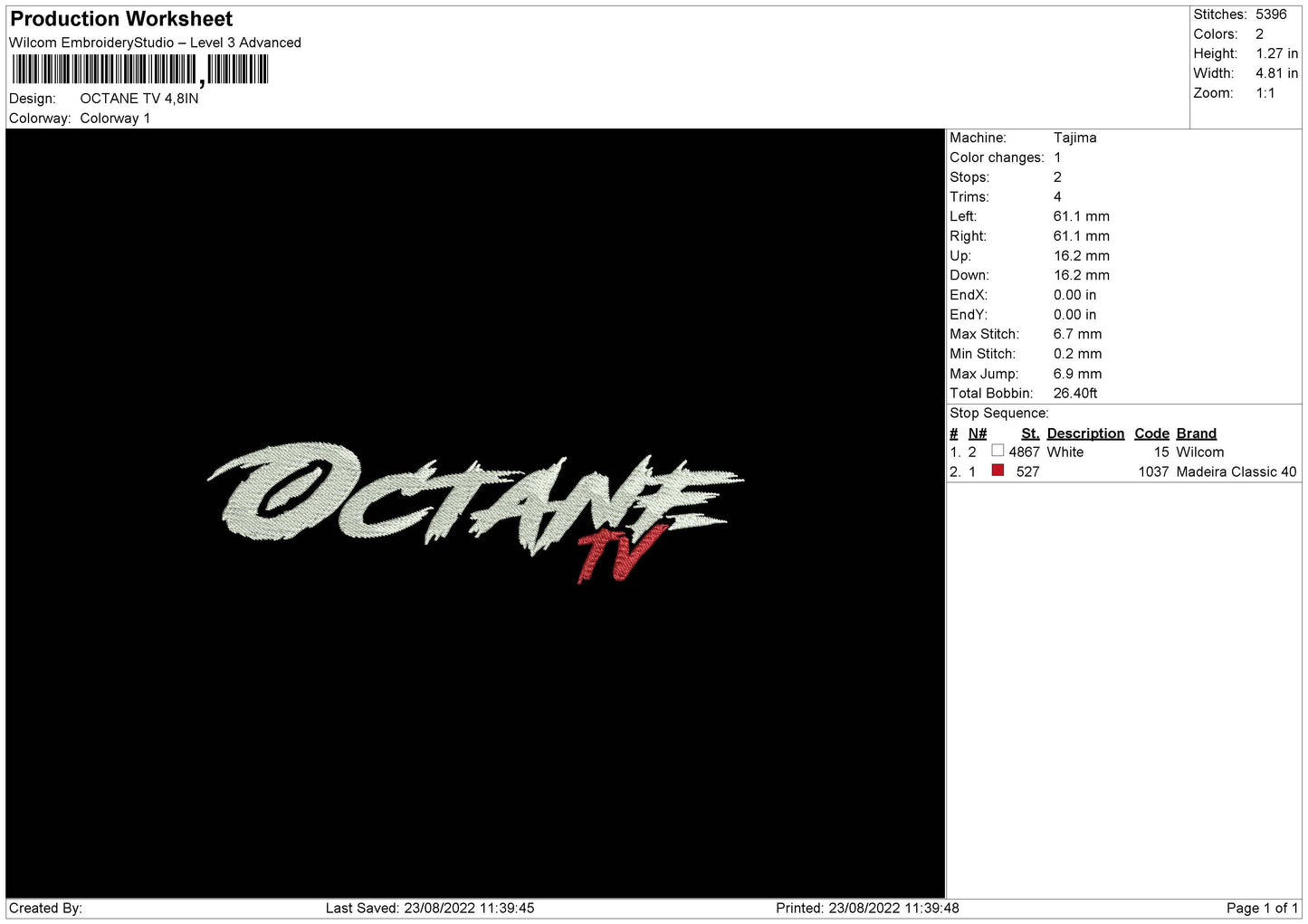 Octane Tv Embroidery File 5 sizes