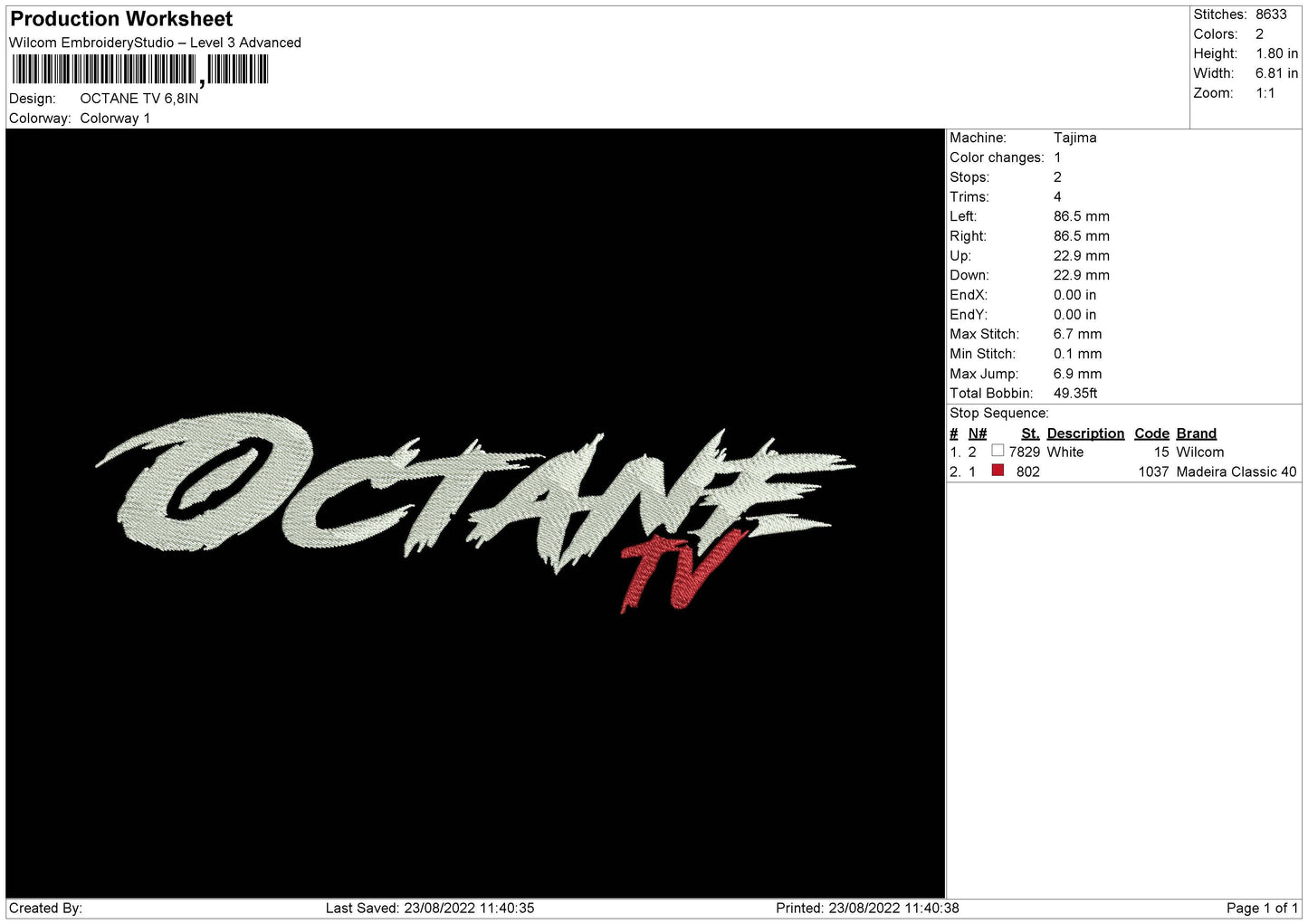 Octane Tv Embroidery File 5 sizes